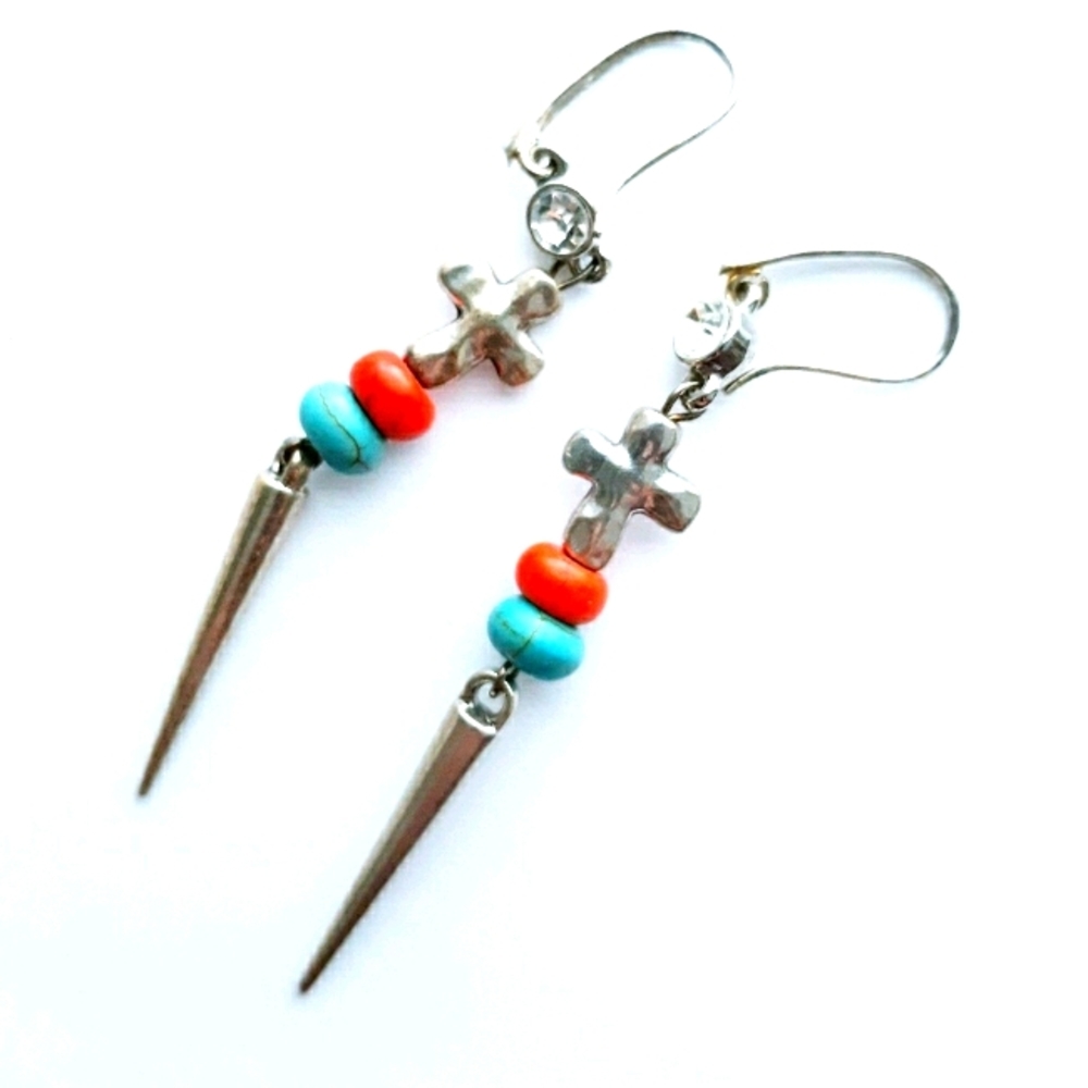 Rhinestone & Chalk Turquoise Cross Earrings